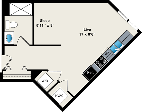 Floor plan for studio, 1 bath, 476 sqft